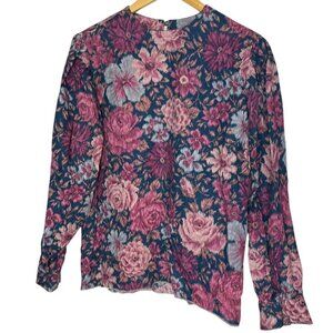 Vintage Handmade Women's L Long Sleeve Calico Floral Blouse Rose Grannycore